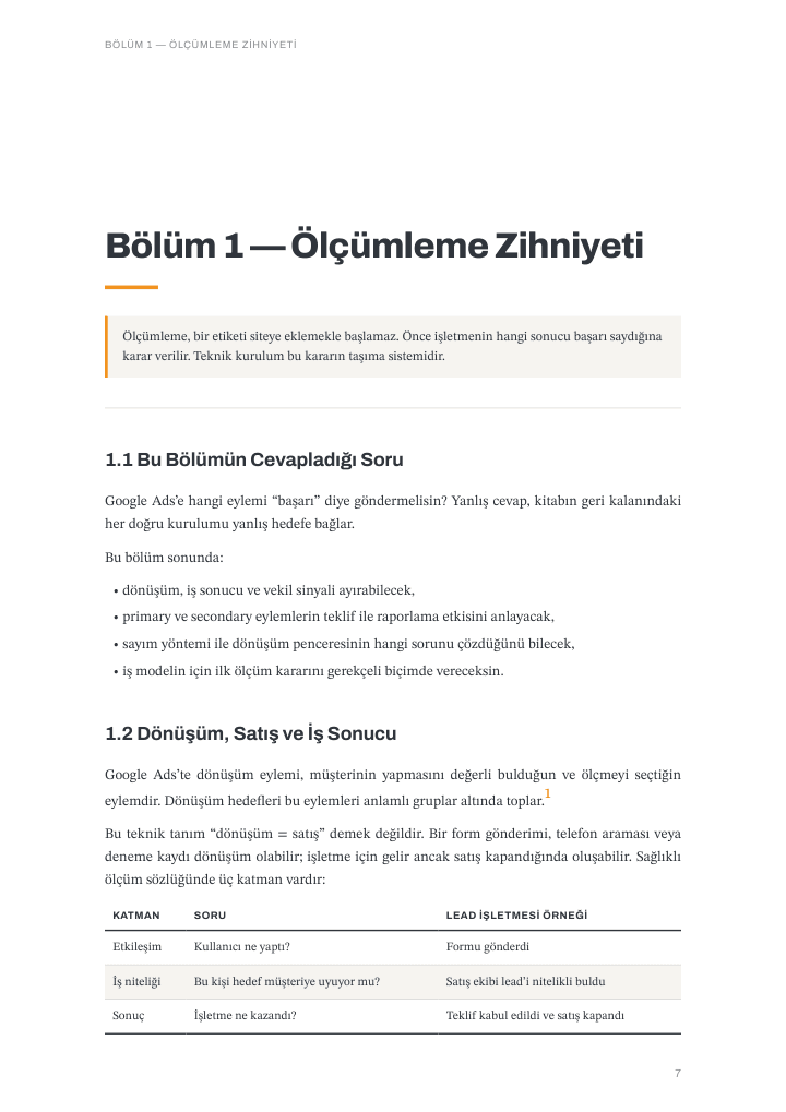 Chapter 1 measurement mindset heading, opening quotation, section 1.1 question and a table of interaction, business qualification and outcome layers; Turkish edition