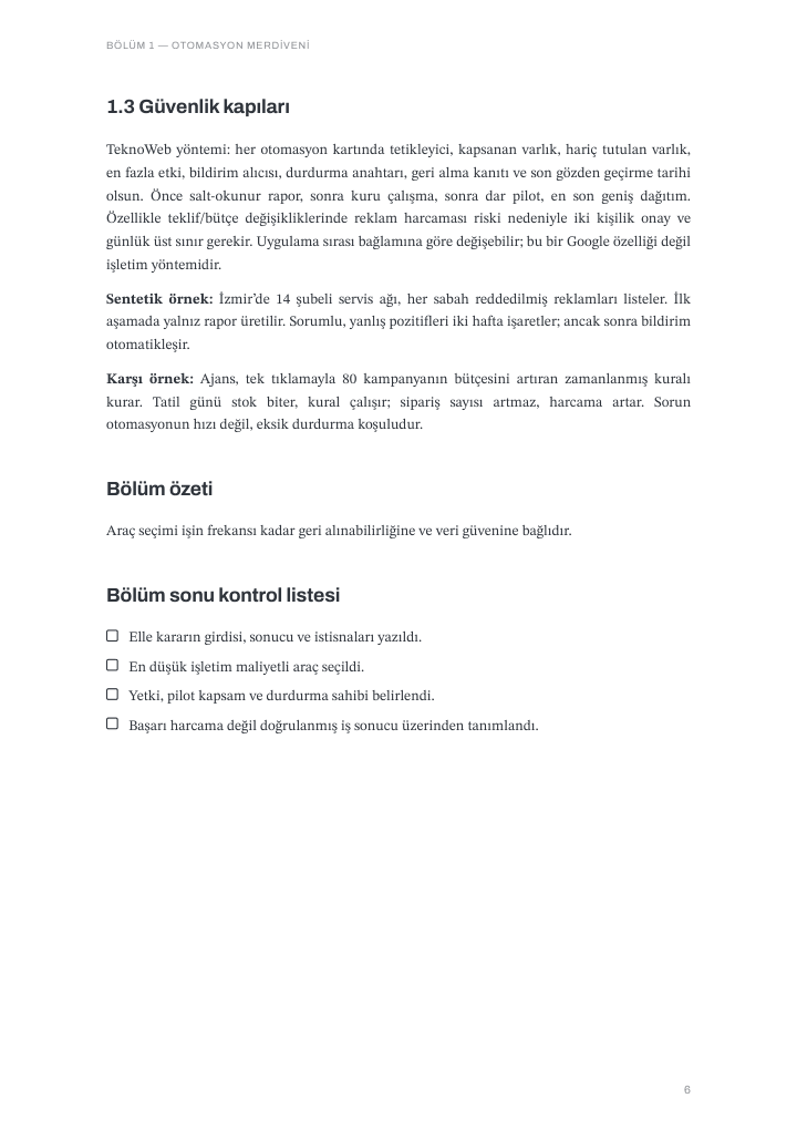 Güvenlik kapıları, İzmir'deki 14 şubeli servis ağının sentetik örneği, 80 kampanyalık karşı örnek, bölüm özeti ve bölüm sonu kontrol listesi
