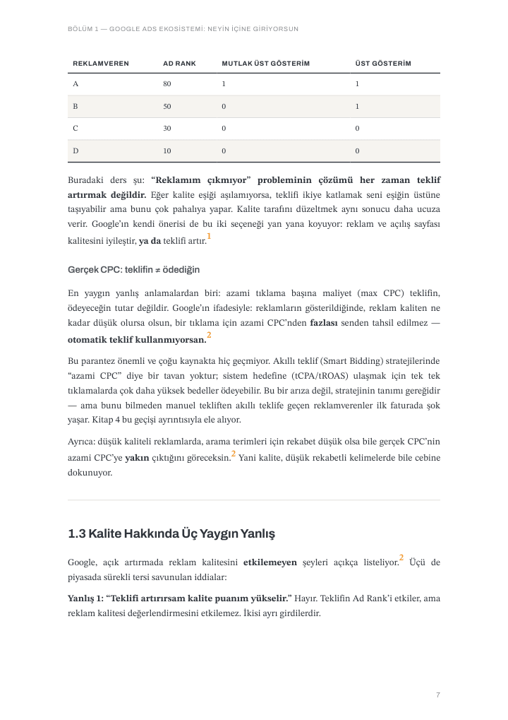 Table comparing four advertisers' Ad Rank and absolute-top/top impressions, followed by bid versus actual CPC; Turkish edition