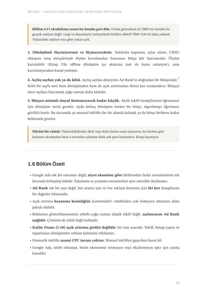 Final rejection criteria for when Google Ads may be the wrong channel, and the seven-point Chapter 1 summary; Turkish edition