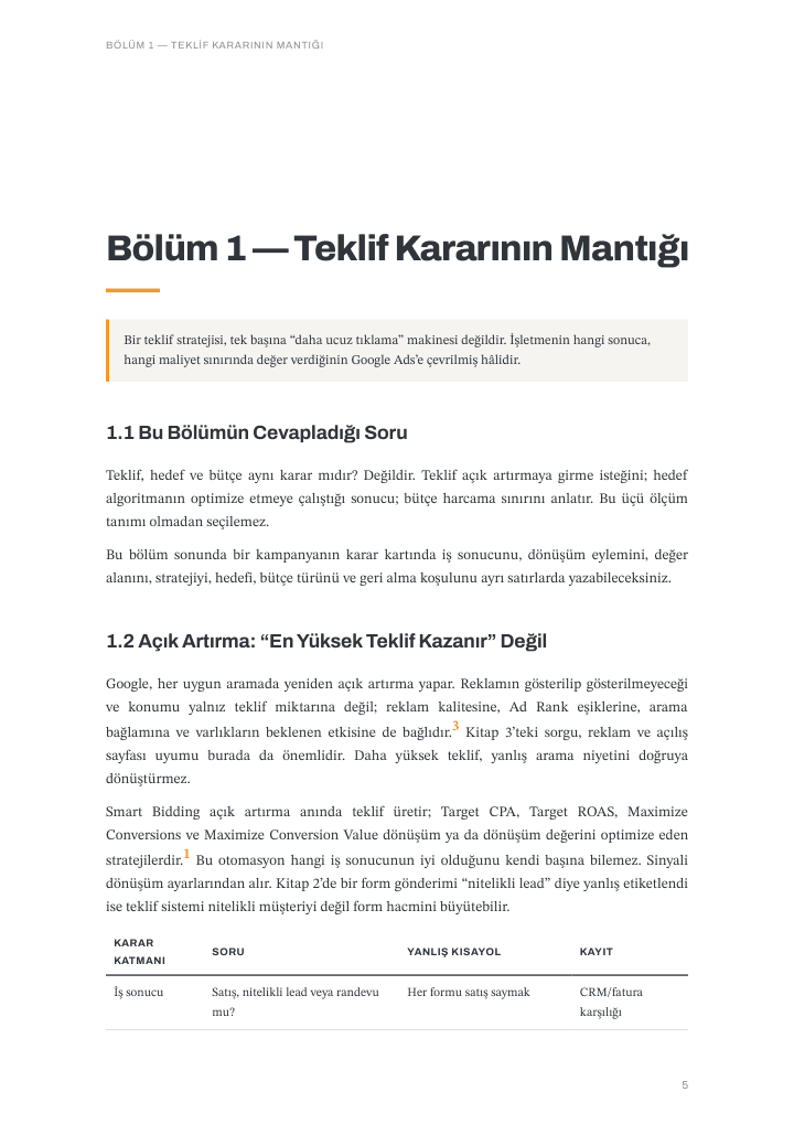 Kapitel-1-Überschrift zur Gebotsentscheidungslogik, einleitendes Zitat, Abschnitt-1.1-Frage und Anfang der Entscheidungsebenen-Tabelle; türkische Ausgabe