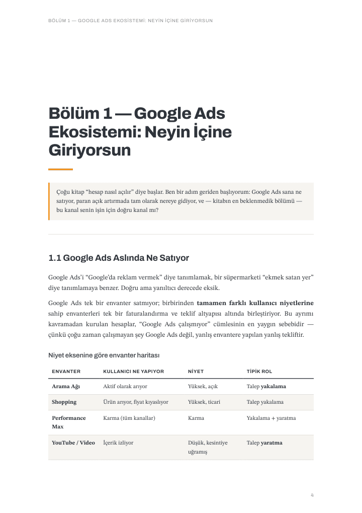 Google Ads Temeller kitabından gerçek örnek sayfa