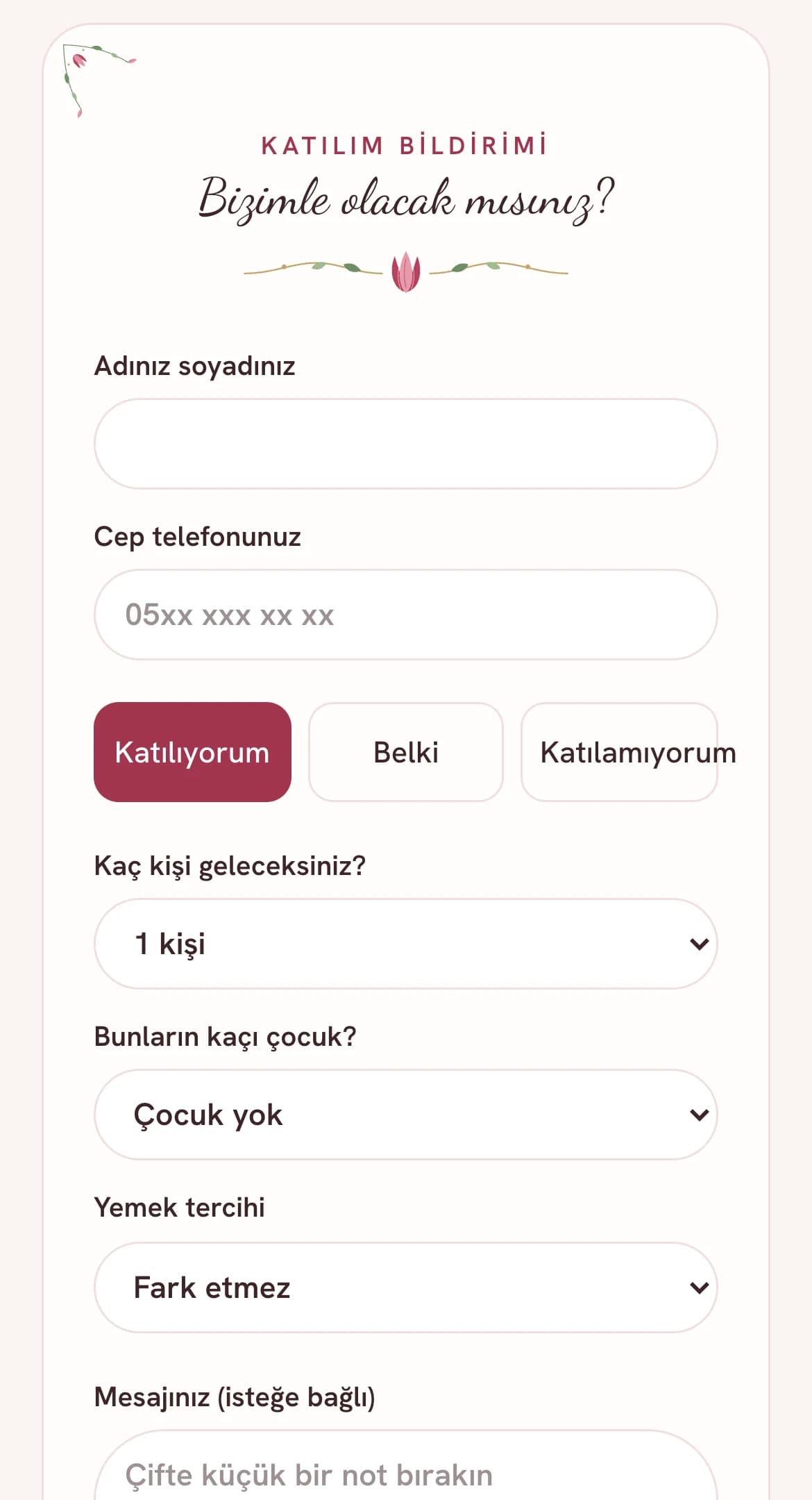e-davetiyem mobil davetiye ekranında LCV yanıt alanı