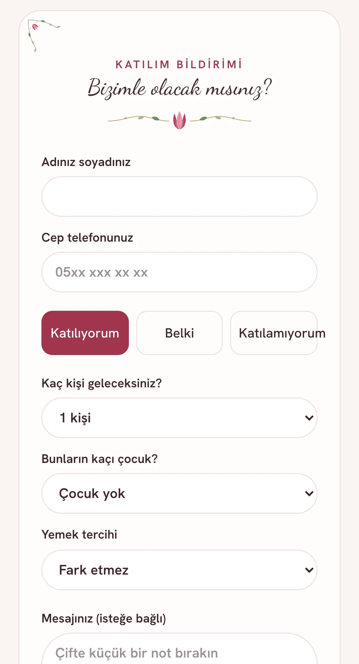 LCV formu: katılım, kişi sayısı, çocuk sayısı ve yemek tercihi