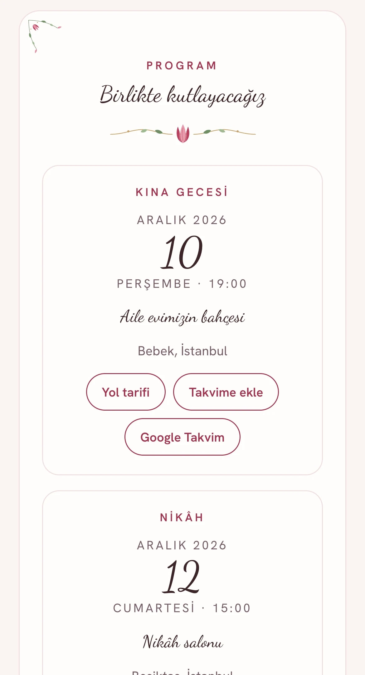 Kına ve düğün programı, yol tarifi ve takvime ekle düğmeleri