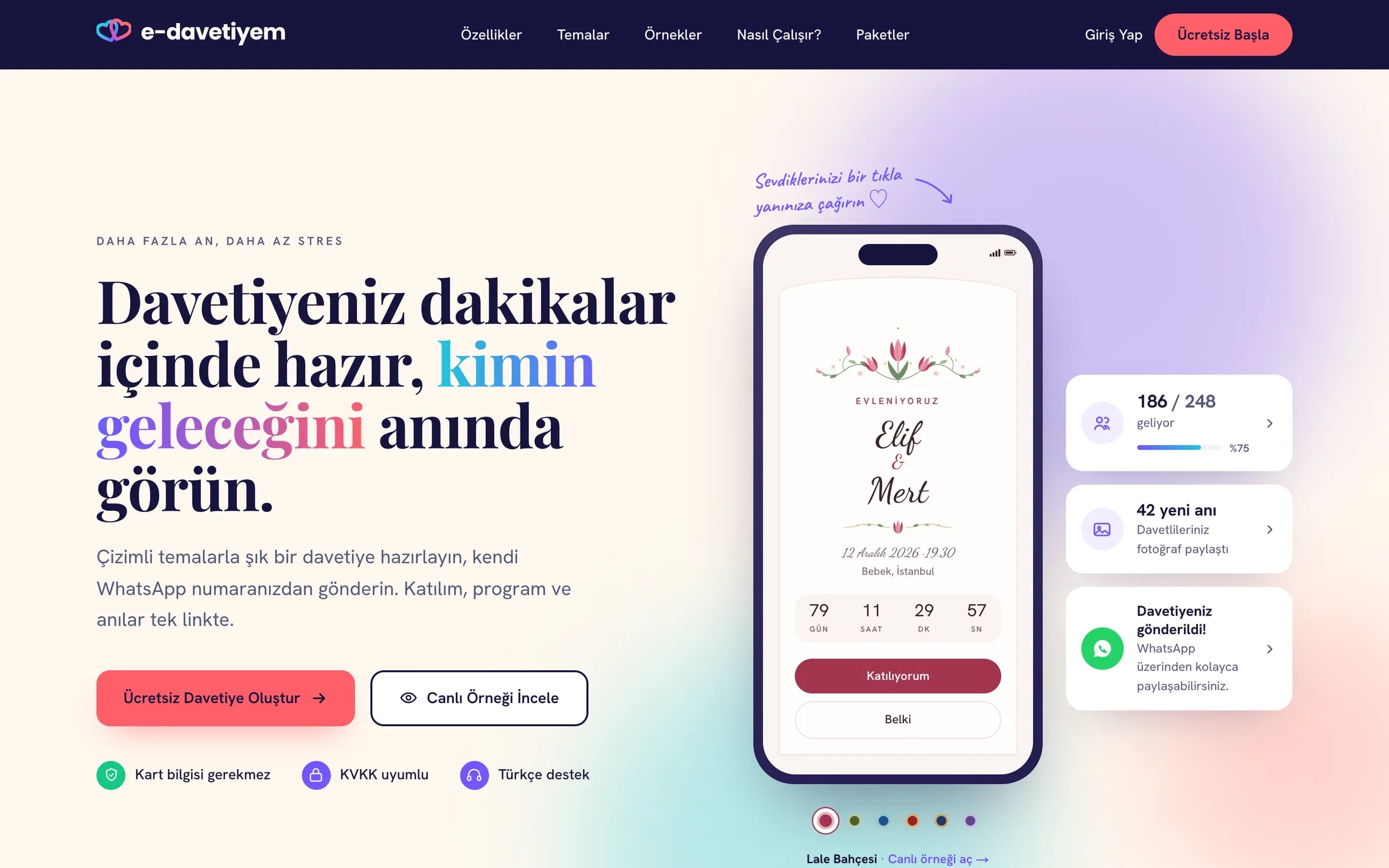 Dijital davetiye platformunun satış sitesi ana sayfası: başlık, canlı davetiye önizlemesi ve katılım kartları