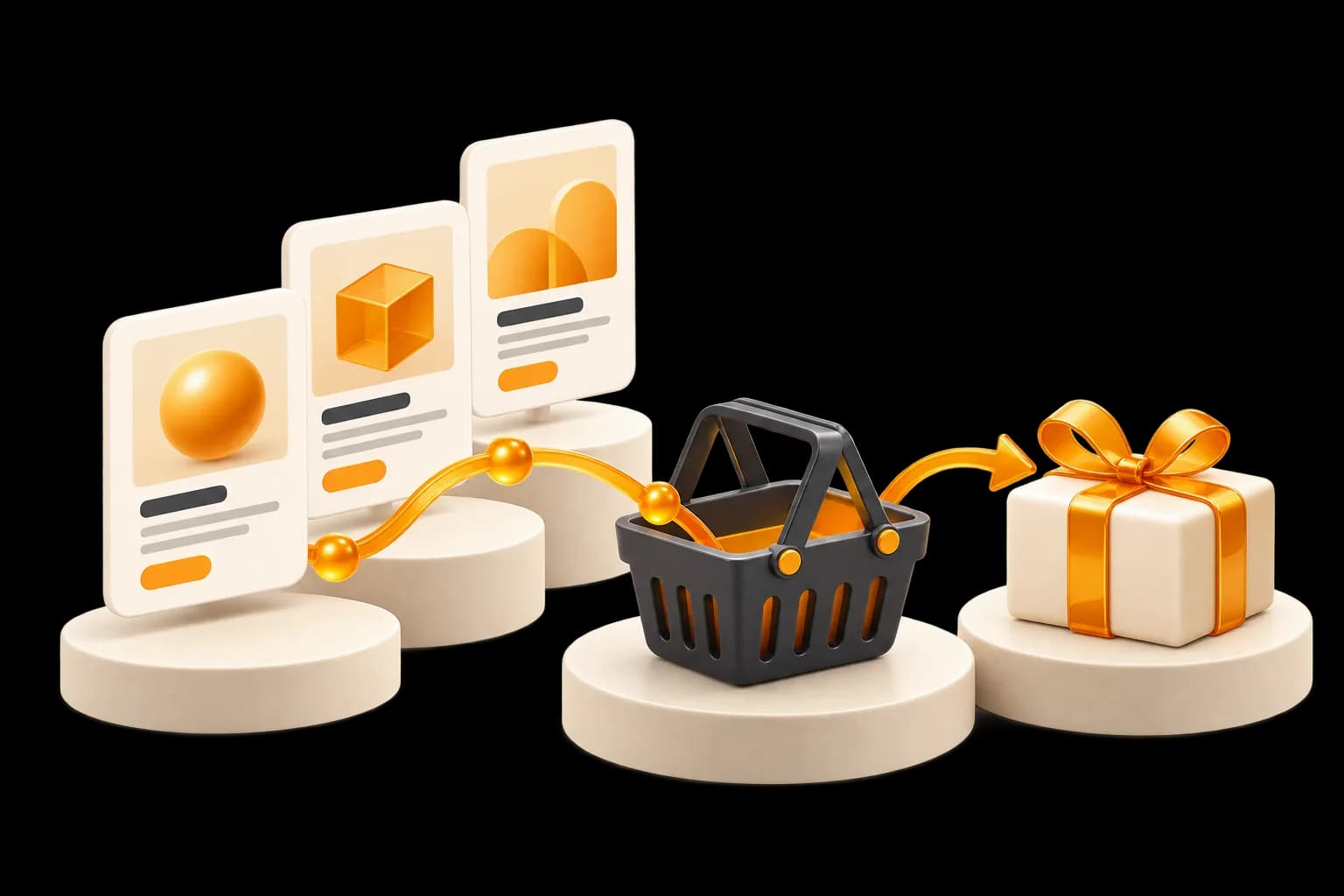 Ürün kartlarından sepete ve sipariş paketine uzanan e-ticaret akışı illüstrasyonu